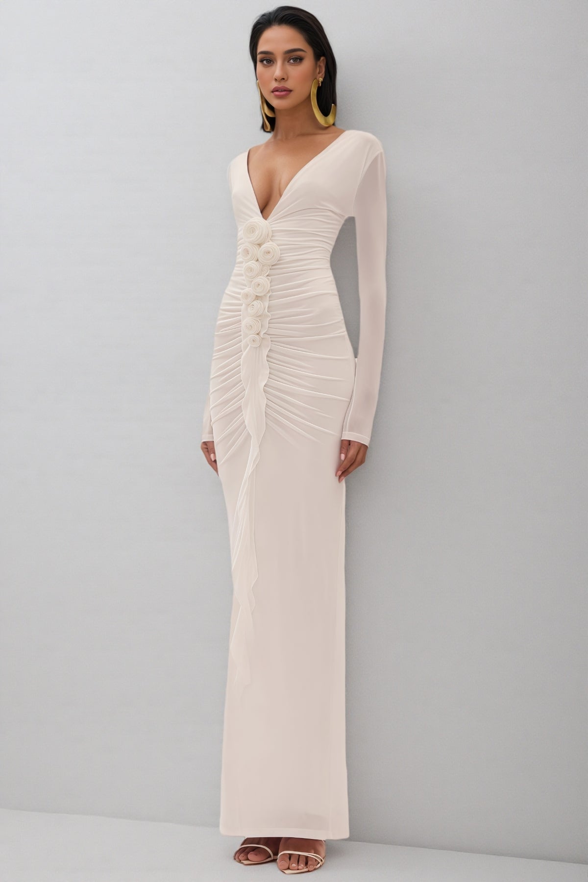 Vivialk V-neck 3D Flower Pleated Maxi Dress