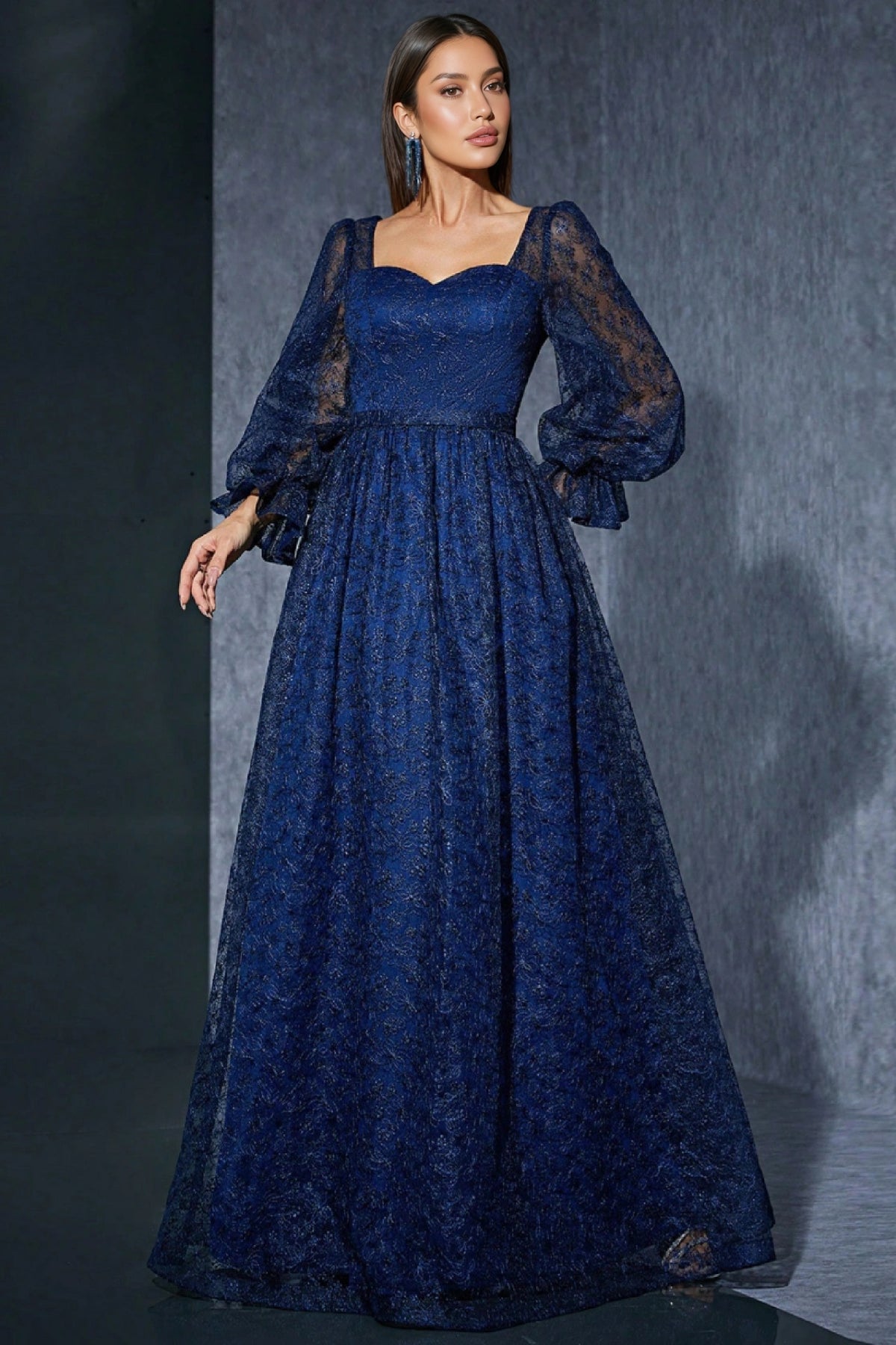 Crana Blue Embroidered Mesh Maxi Dress
