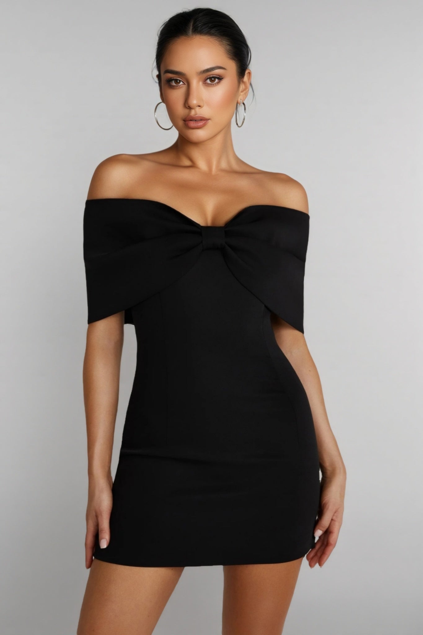 Mireille Off Shoulder Bow Mini Dress - Black