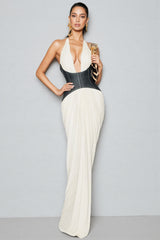 Sarads Deep V White Denim Maxi Dress