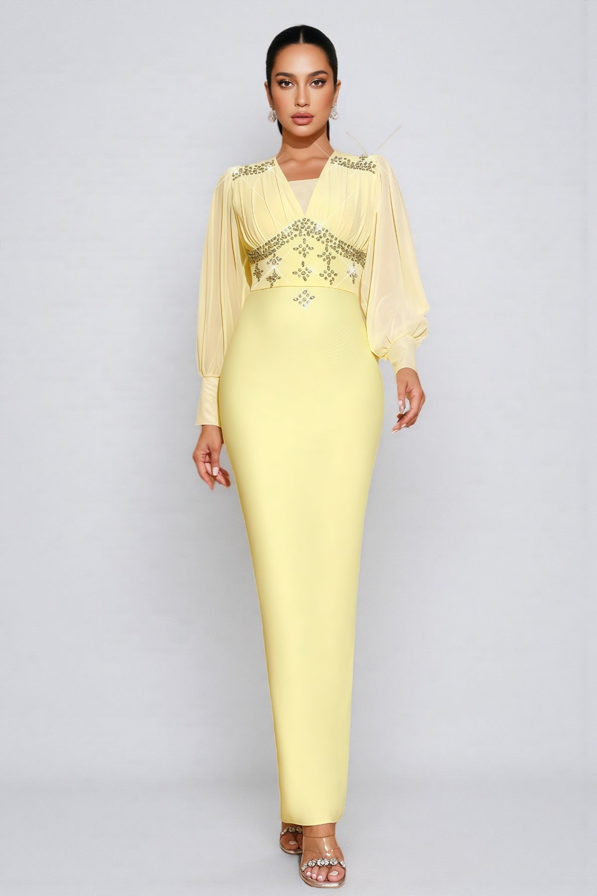 Euopa Yellow Rhinestone Maxi Dress
