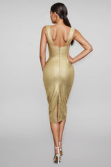 Avara Hot Gold Deep V-neck Midi Dress
