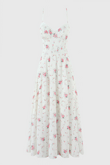 Thora White Stretch Cotton Rose Print Midi Dress