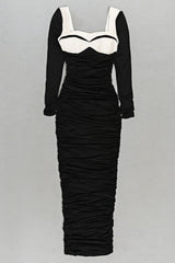 Lolic Long Sleeve Square Collar Ruched Hem Knit Maxi Dress