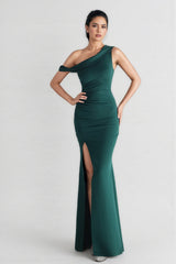 Porsha Emerald One-Shoulder Pleated Maxi Dress