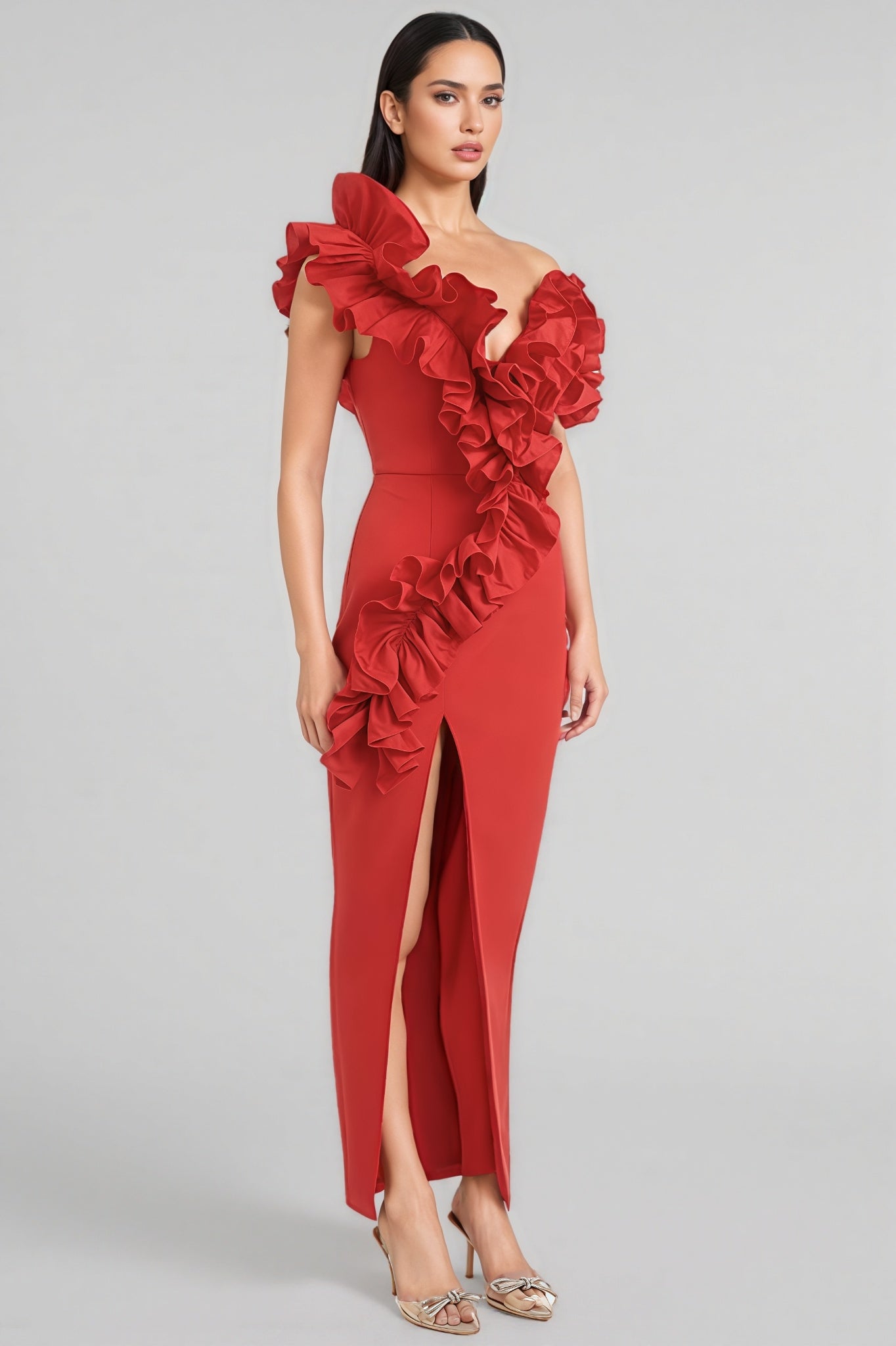 Natal Red Ruffled Slit Maxi Dress