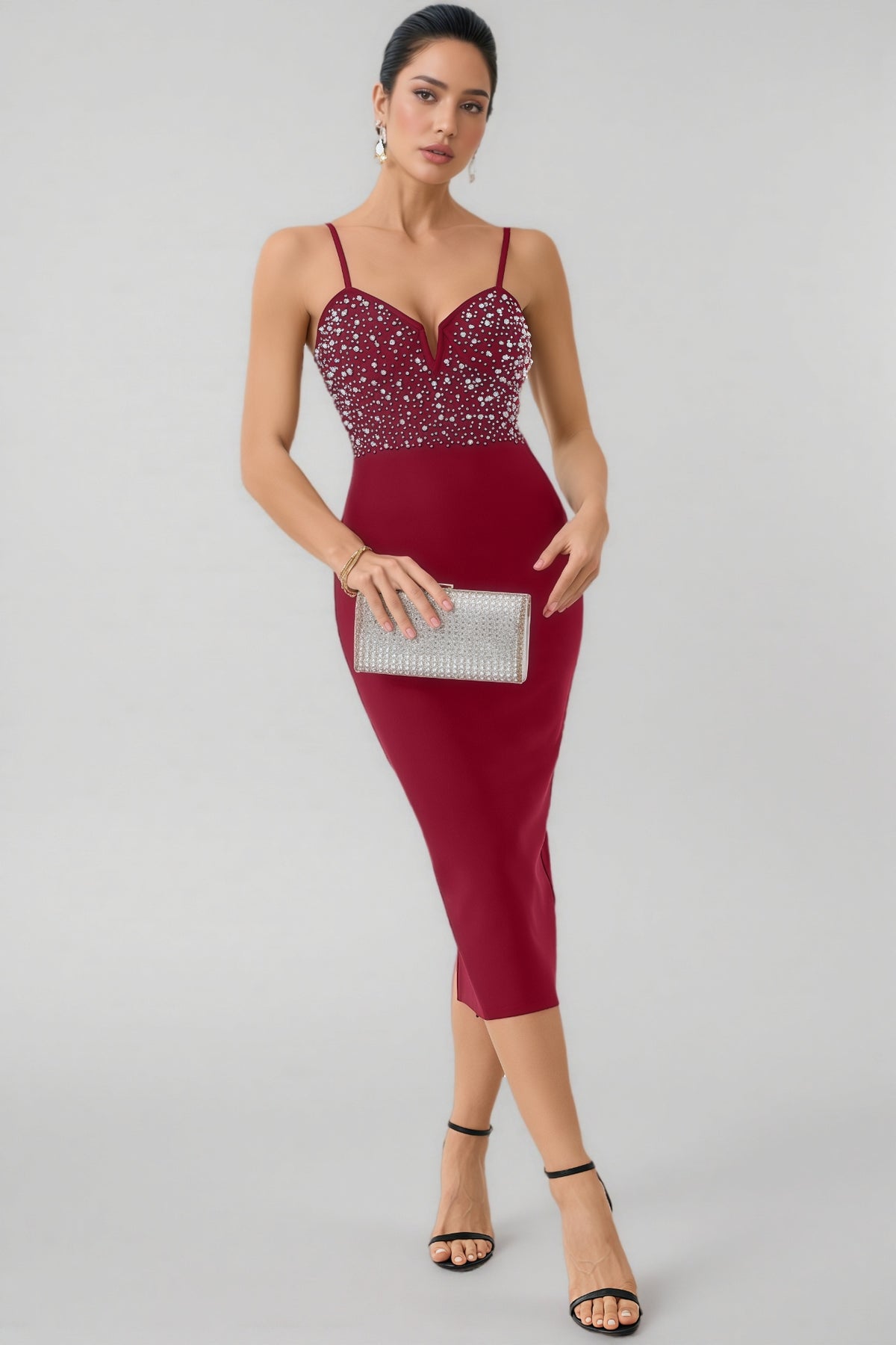 Slaia Red Studded Bandage Midi Dress