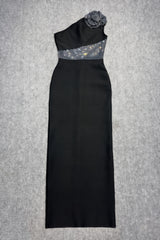 Xoelk Backless Rhinestone 3D Flower Maxi Dress