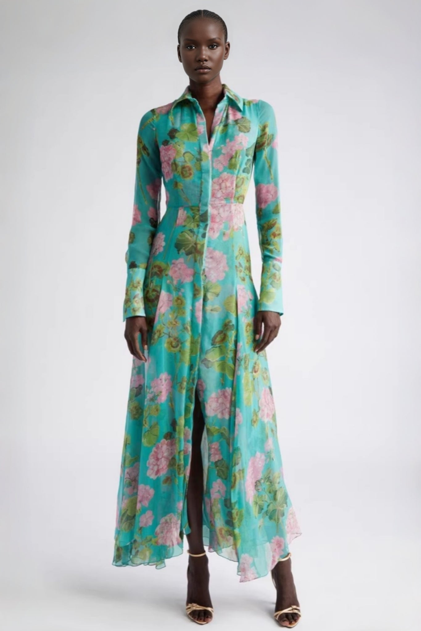 Vira Green Printed Single Breasted Maxi Dress