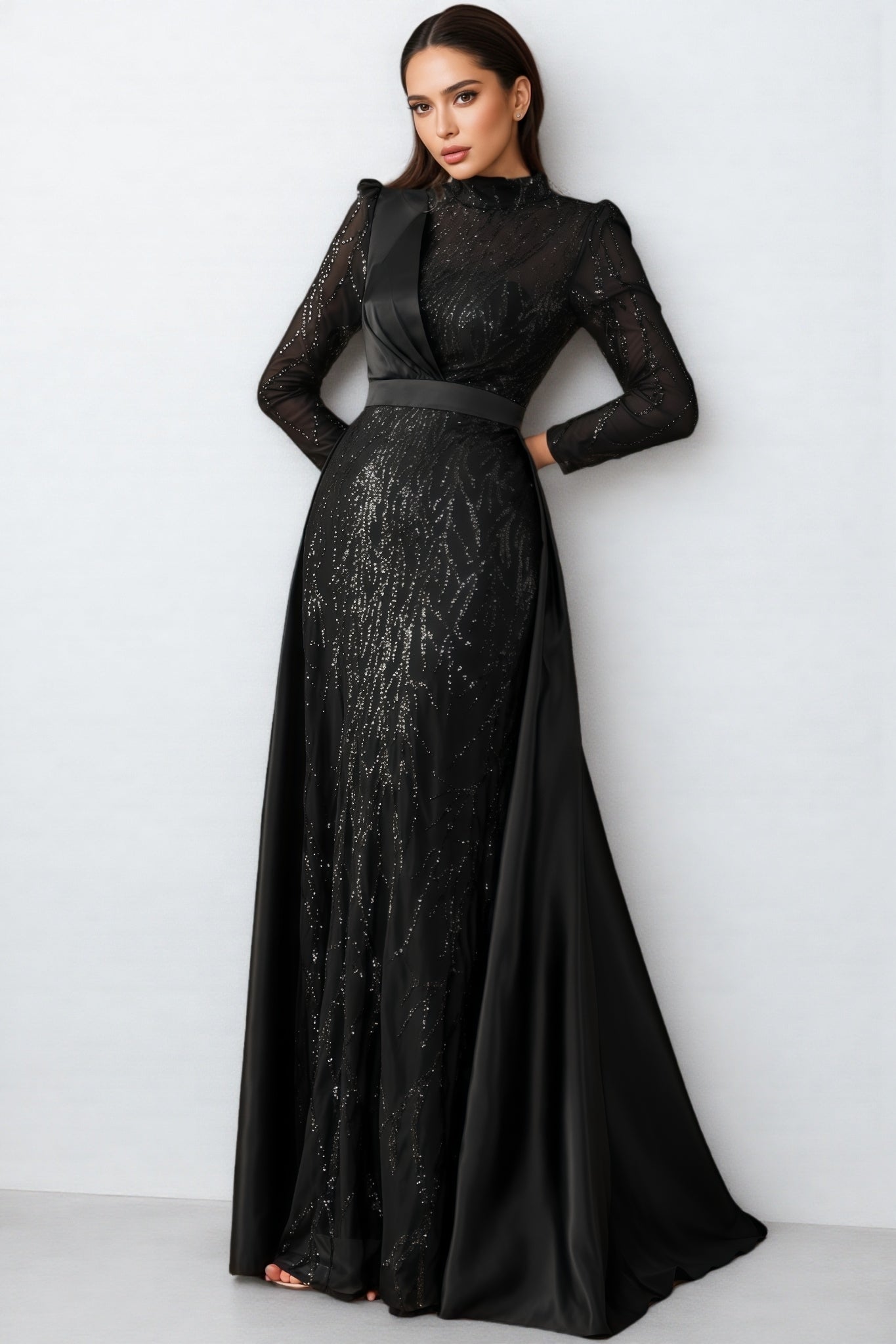 Moto Sequin Satin Long-Sleeved Maxi Dress