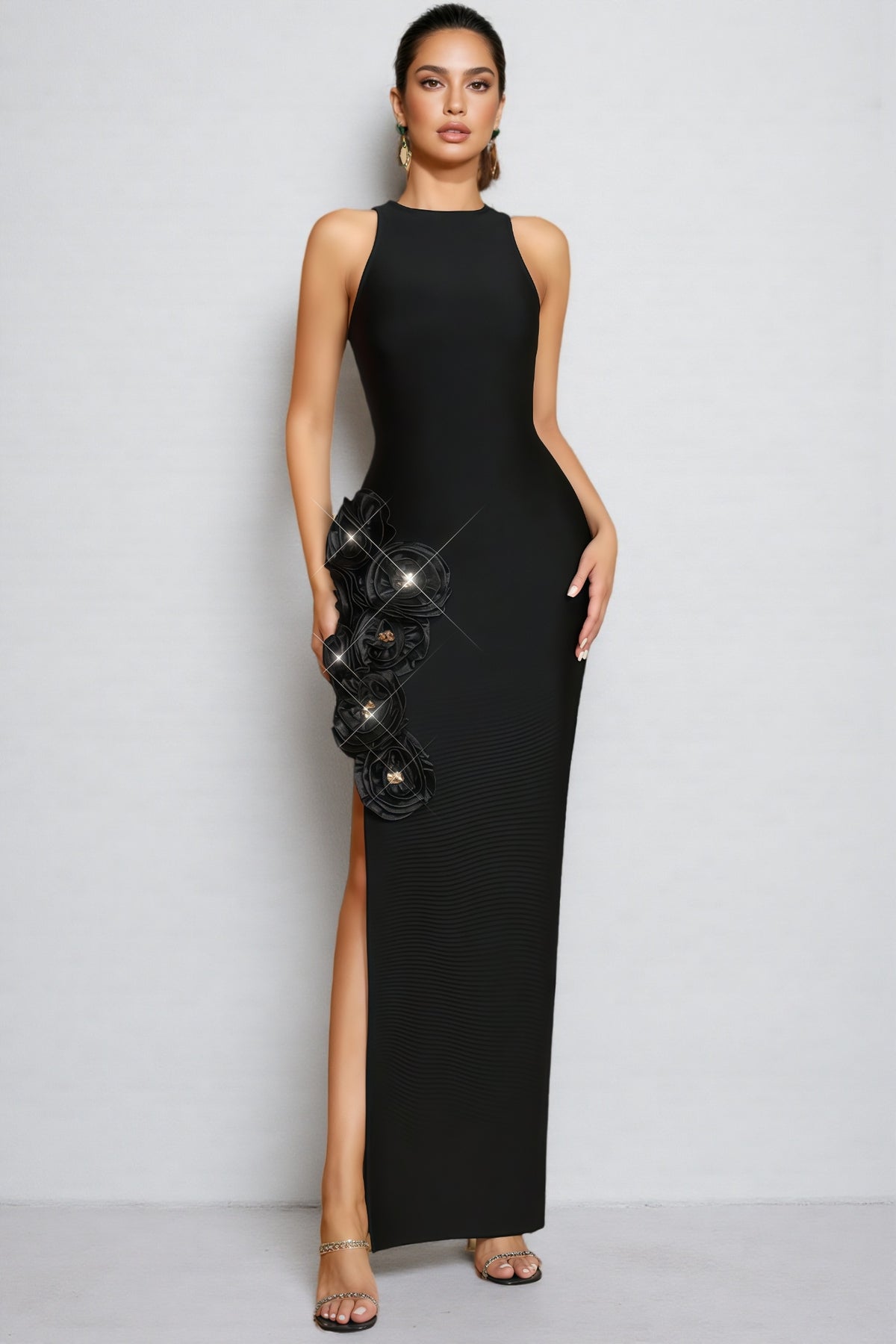 Noa Black 3D Floral Bandage Maxi Dress