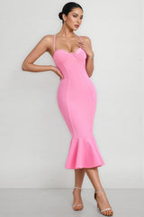 Viviana Pink Strappy Fishtail Bandage Midi Dress