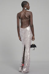 Soraya Silver Sequin 3D Floral Maxi Dress