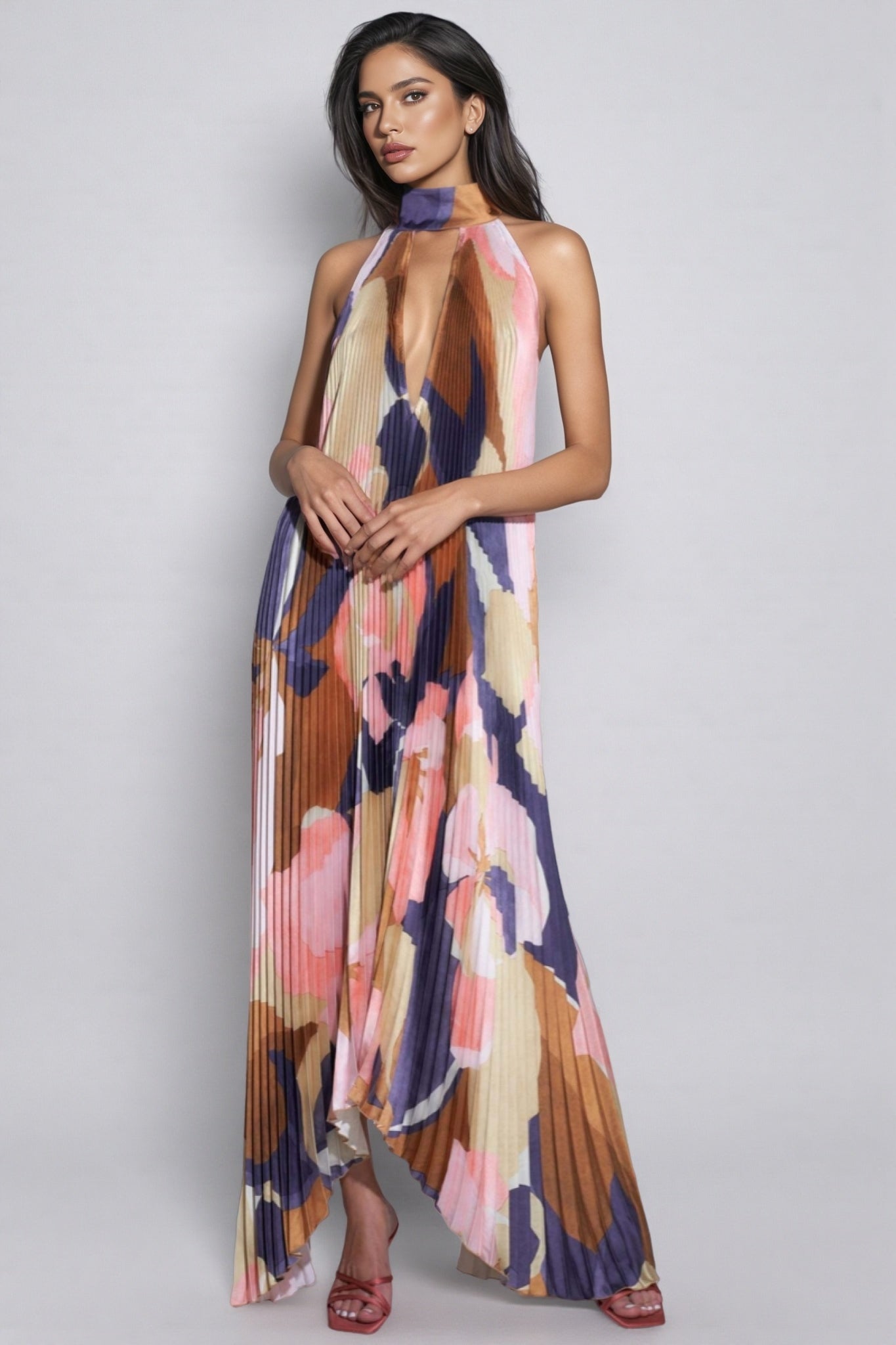 Elia Irregularly Pleated Printed Maxi Dress-Caramel Color