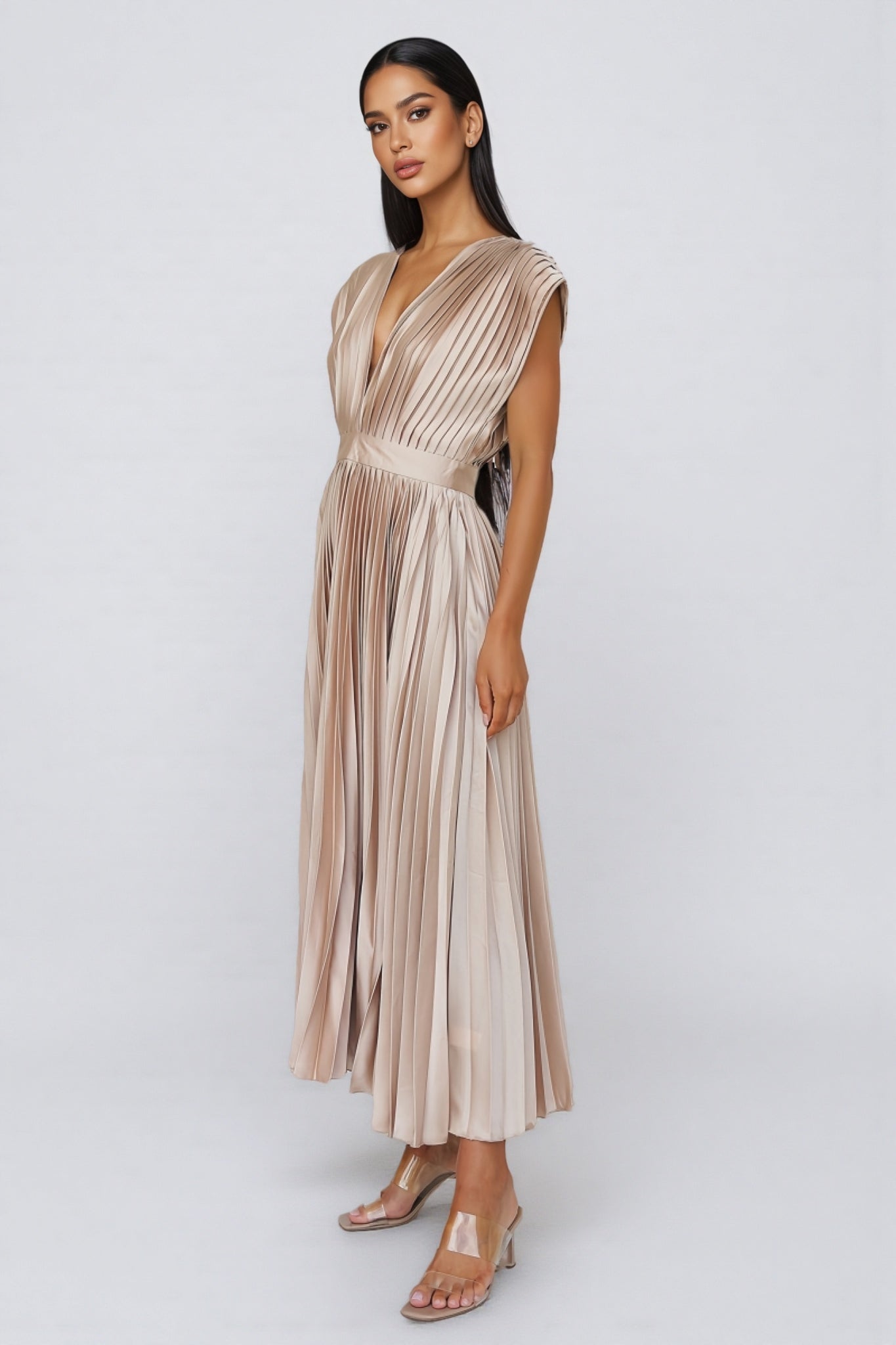 Tiya Sleeveless Pleated Maxi Dress-Pink