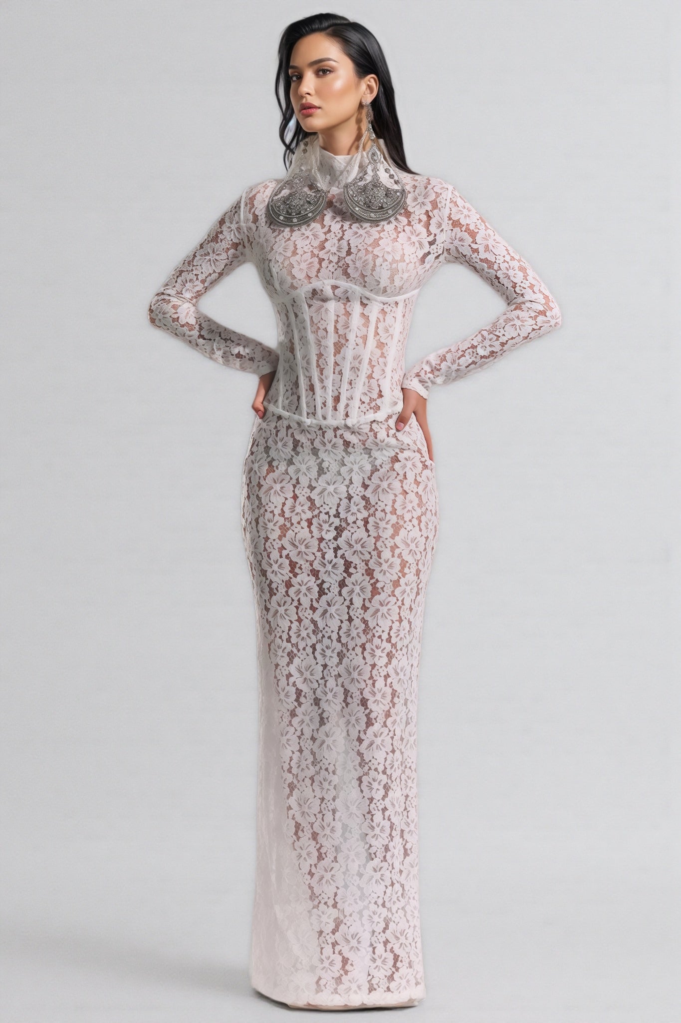 Davina White Lace Floral Maxi Dress