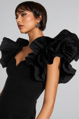 Starsha Black Puff Sleeve Midi Dress