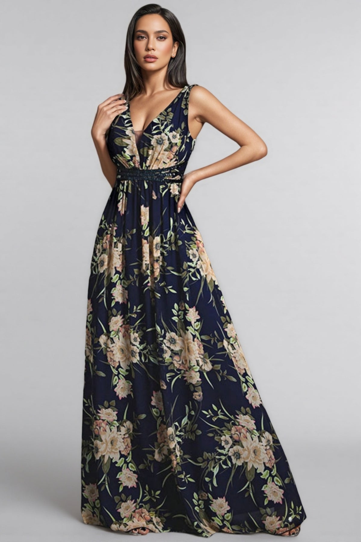 Hedar Deep V-Neck Printed Maxi Dress