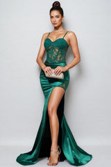 Analu Green Embroidered Lace Slit Maxi Dress