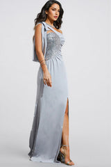 Anira Grey Blue Side Split Maxi Dress