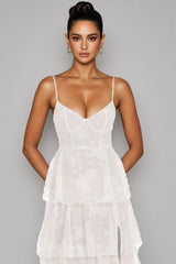 Charke White Floral Ruffle A-line Maxi Dress