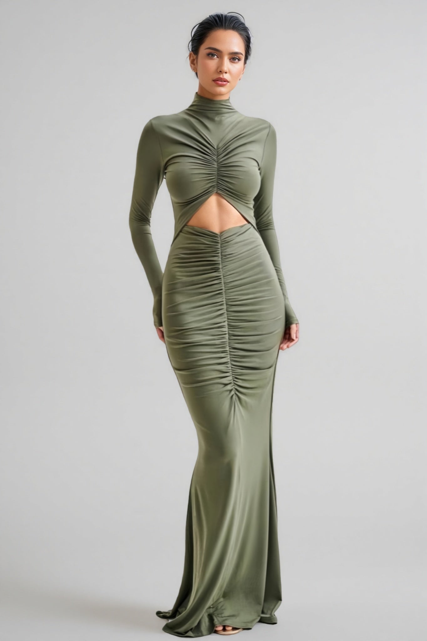 Tona Army Green Cutout Pleated Maxi Dress