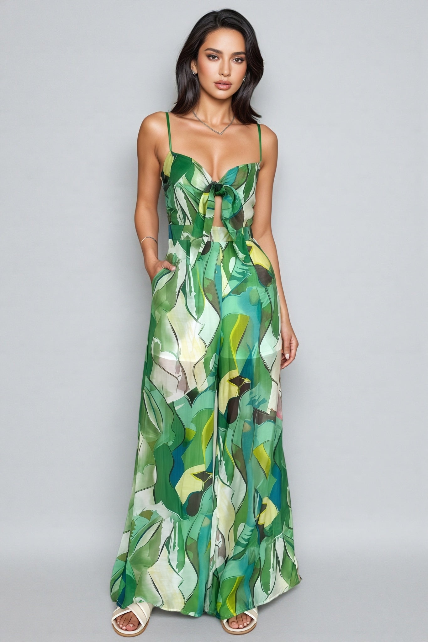 Quinn Green Printed Halter Bow Jumpsuit