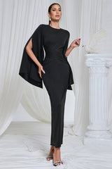 Nali Solid Black Round Neck Maxi Dress