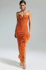 Yeli Feather Slant Hem Bandage Maxi Dress