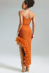 Yeli Feather Slant Hem Bandage Maxi Dress