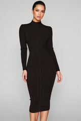 Elira Solid Colour Stand Collar Midi Dress-Black