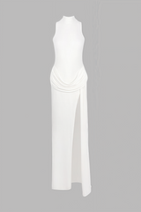 Jacinda White Backless Pleated Slit Maxi Dress