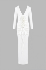 Vivialk V-neck 3D Flower Pleated Maxi Dress