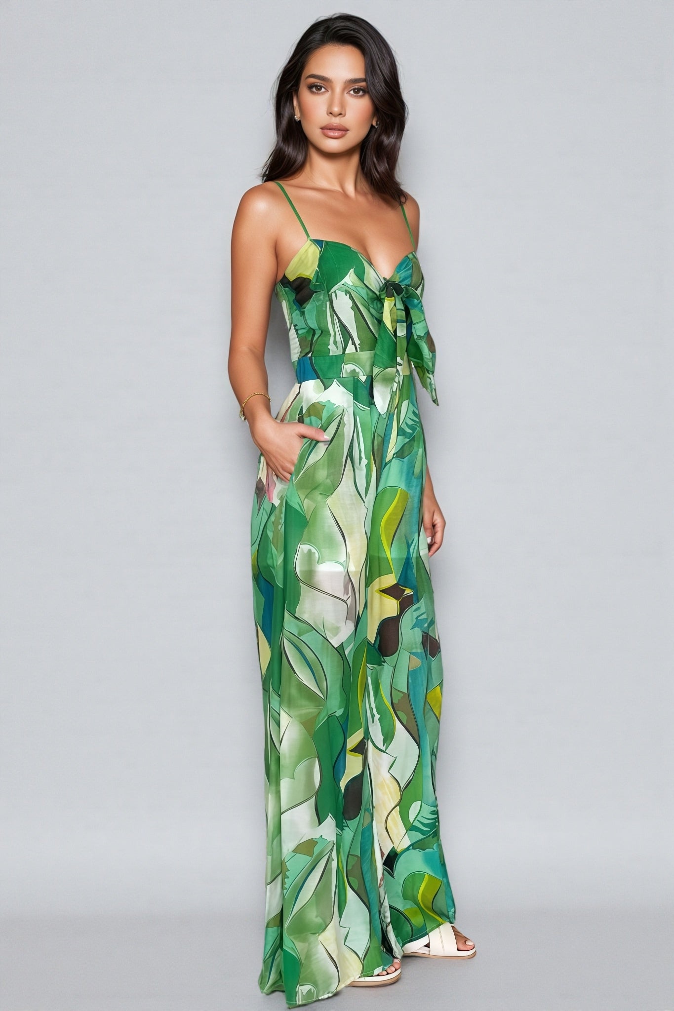 Quinn Green Printed Halter Bow Jumpsuit
