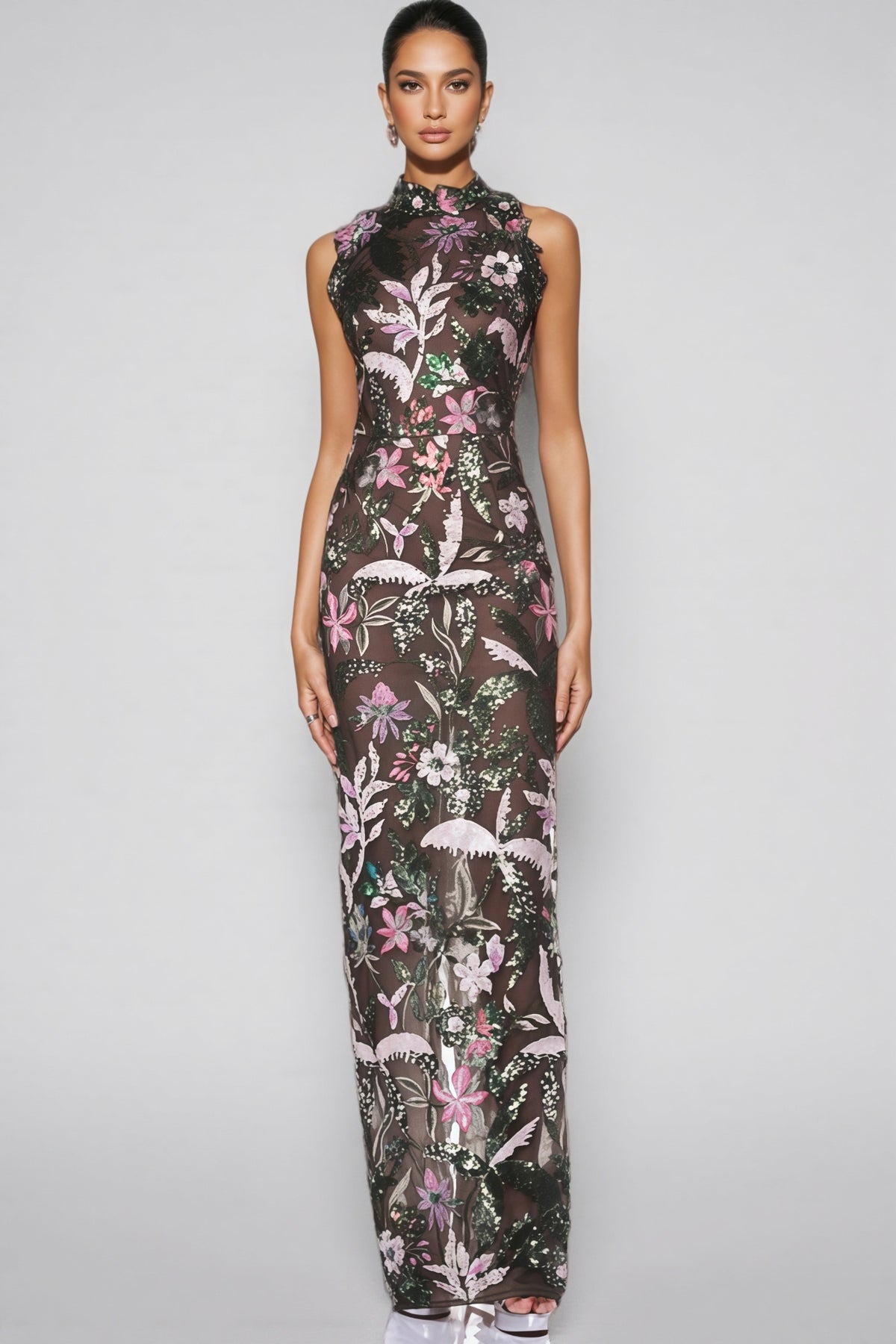 Charkd Lace Embroidered Flower Maxi Dress