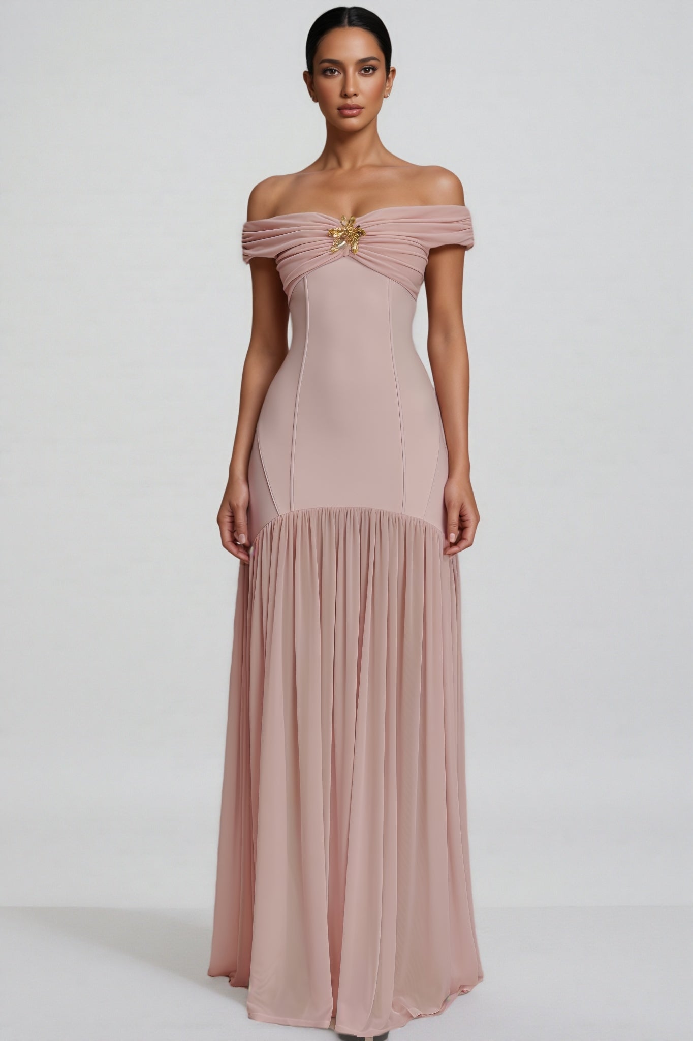 Cionlt Pink Mesh Backless Pleated Maxi Dress