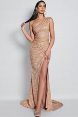 Tegane Slant Shoulder Sequin Maxi Dress