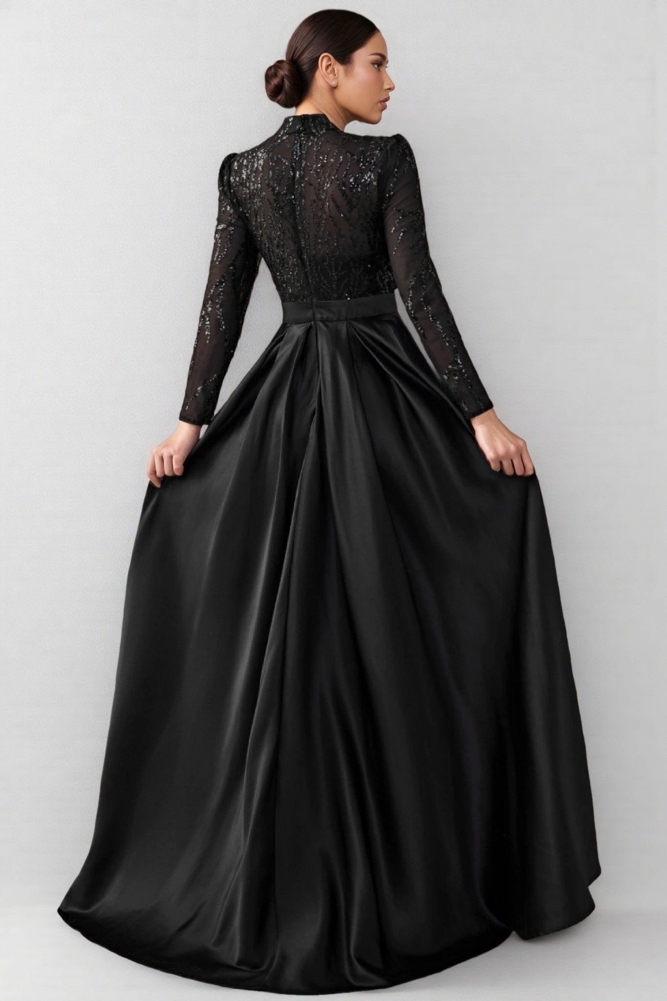 Moto Sequin Satin Long-Sleeved Maxi Dress