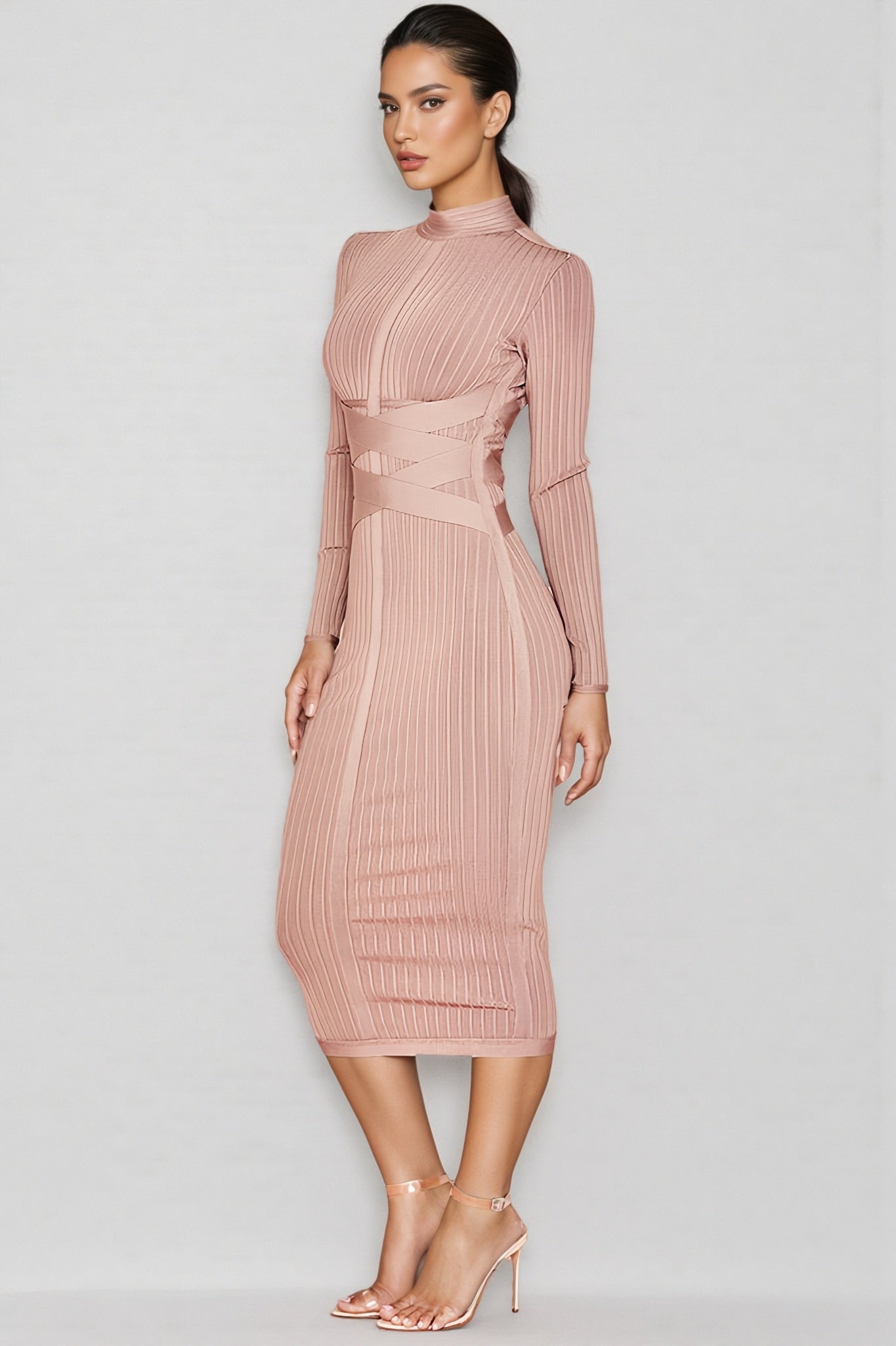 Layra Solid Colour Stand Collar Midi Dress-Brown