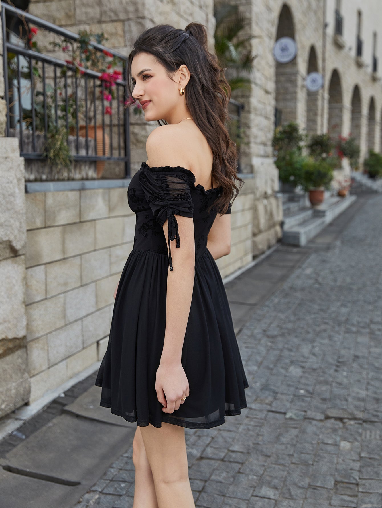 Off Shoulder Drawstring Cuffs Mesh Dress