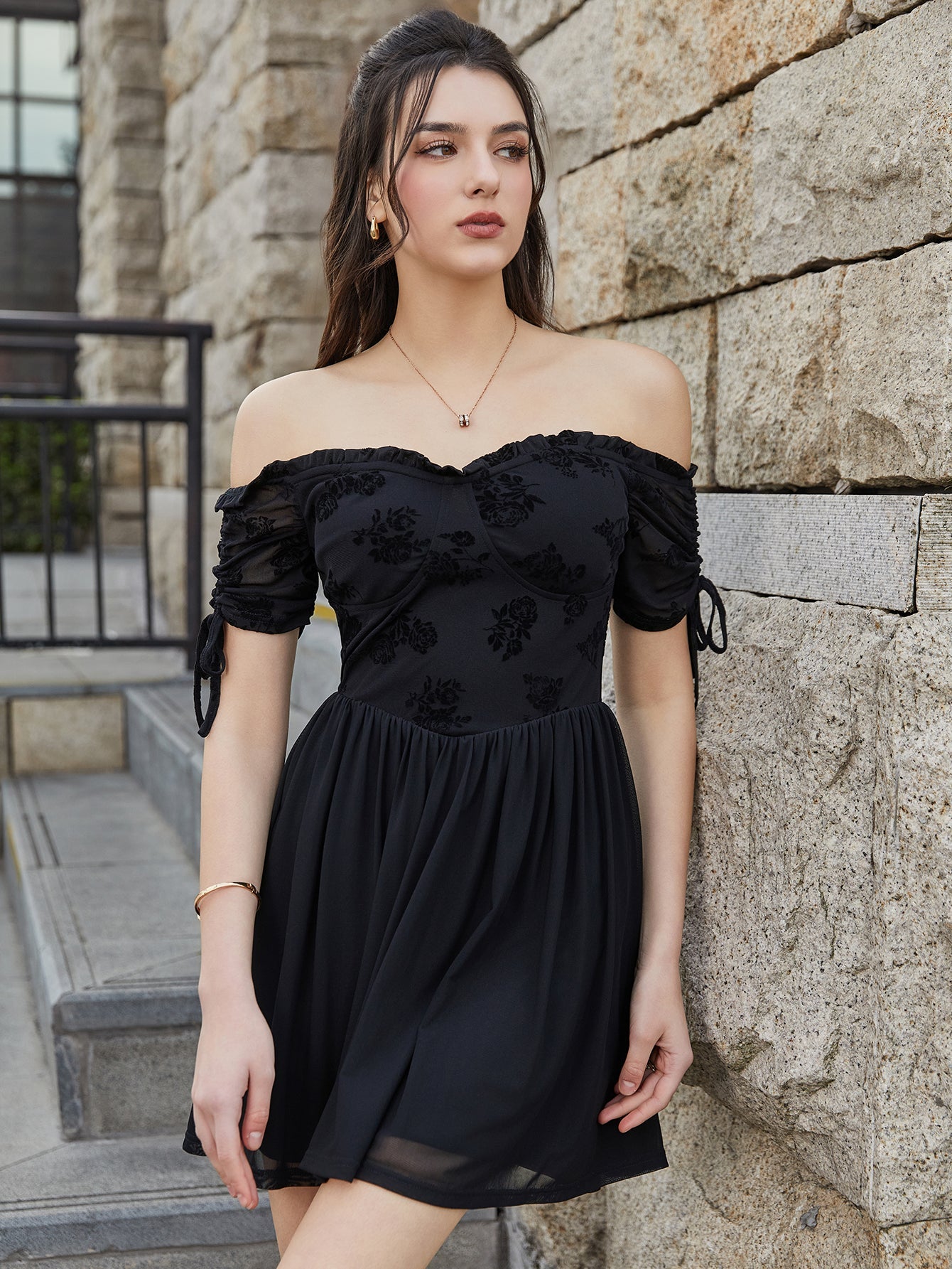 Off Shoulder Drawstring Cuffs Mesh Dress