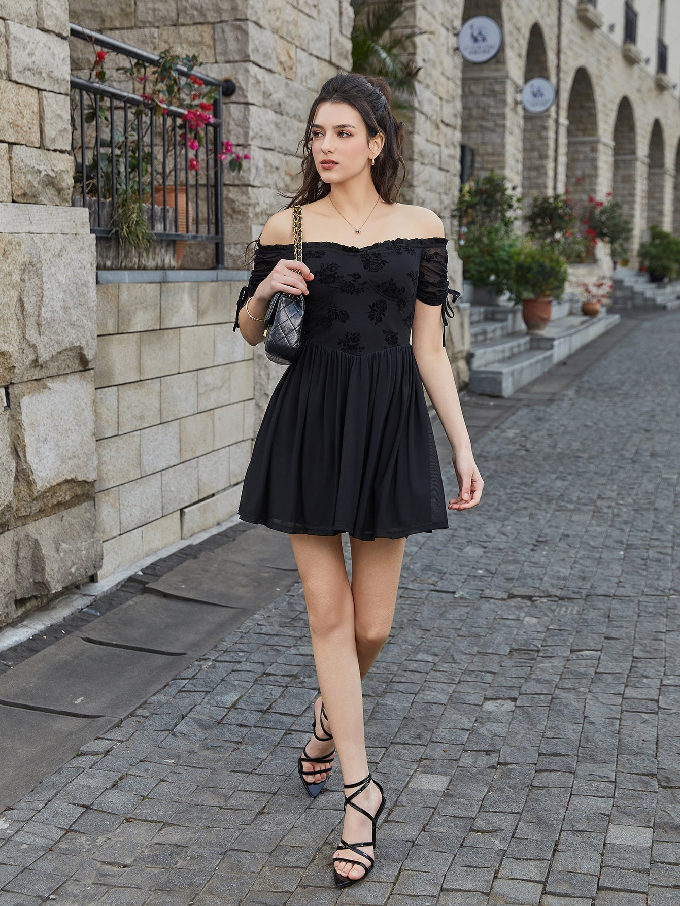 Off Shoulder Drawstring Cuffs Mesh Dress