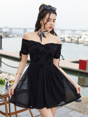 Off Shoulder Drawstring Cuffs Mesh Dress