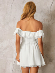 Off Shoulder Lace Trim Bow Tie Front Mini Dress