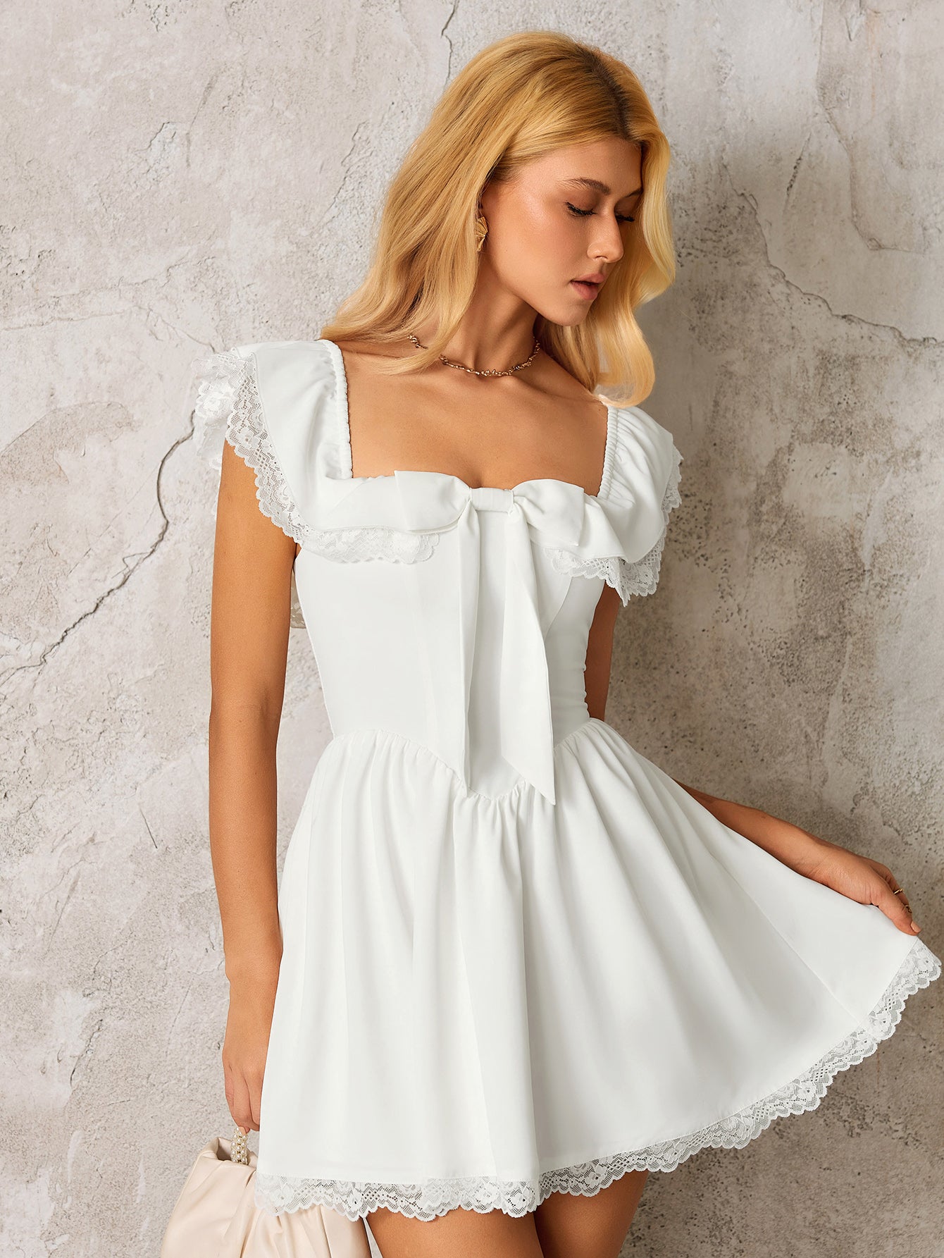 Off Shoulder Lace Trim Bow Tie Front Mini Dress