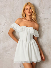 Off Shoulder Lace Trim Bow Tie Front Mini Dress