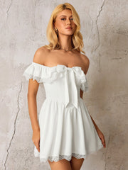 Off Shoulder Lace Trim Bow Tie Front Mini Dress