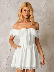 Off Shoulder Lace Trim Bow Tie Front Mini Dress