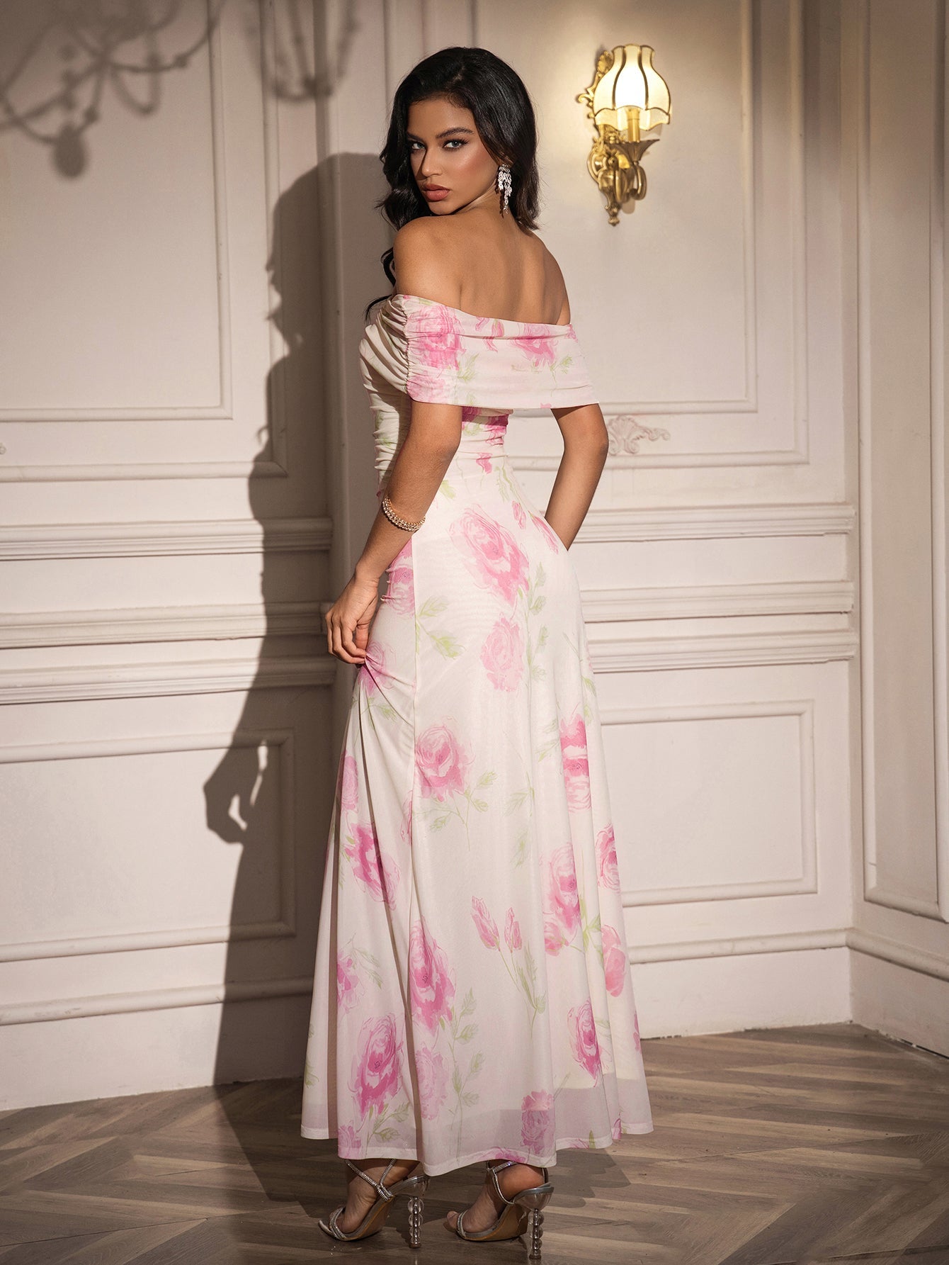 Off Shoulder Ruched Floral Print Dress