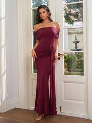 Off Shoulder Ruched Ribbon Trim Solid Dress
